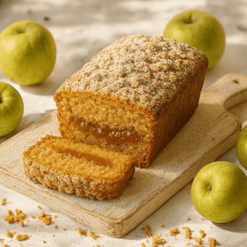 The Artisan Kitchen toffee apple jam crumble loaf cake on a board surrounded with apples