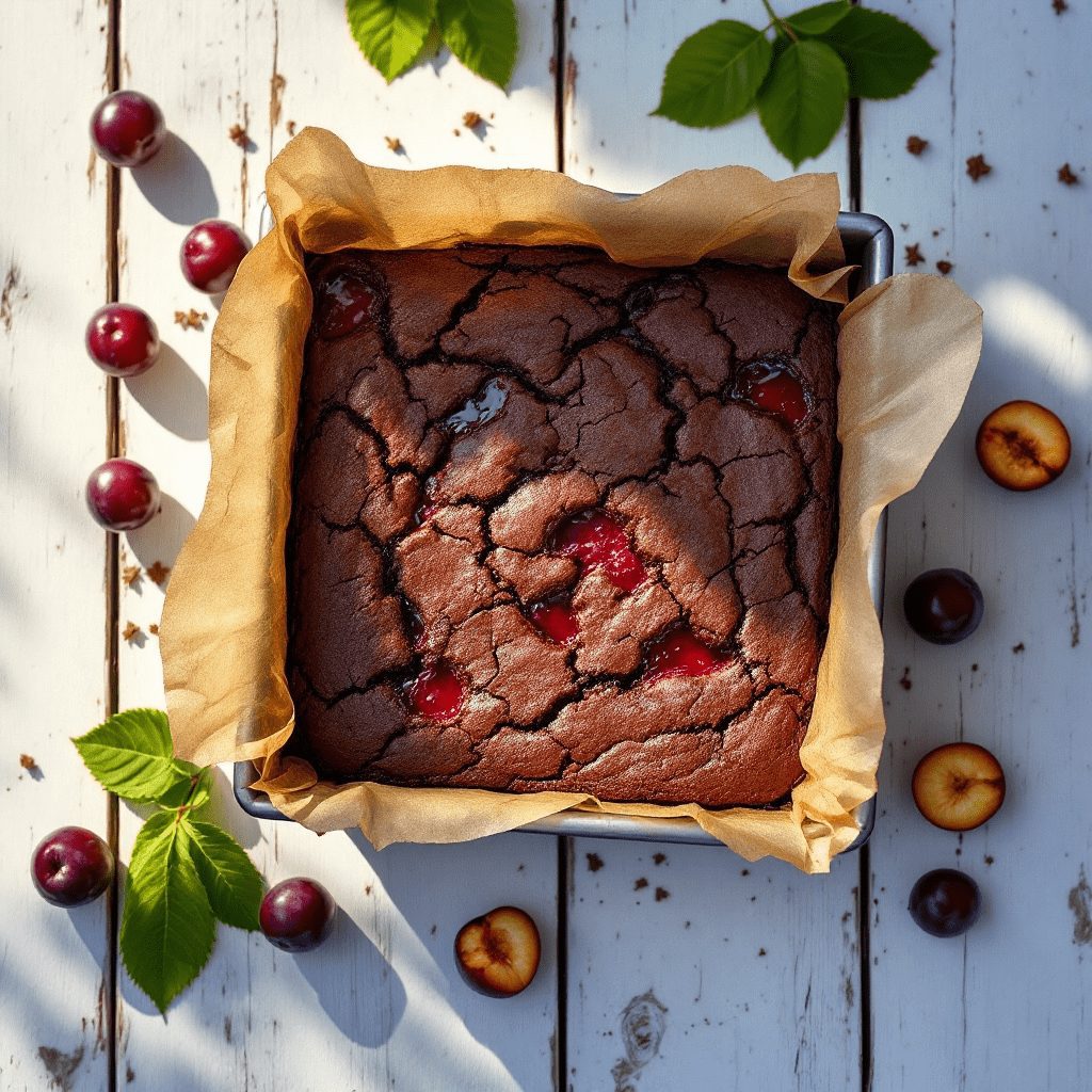 chocolate brownie baked in a Tim with the artisan kitchen damson and raspberry jam, on a wooden countertop surrounded by fresh damsons