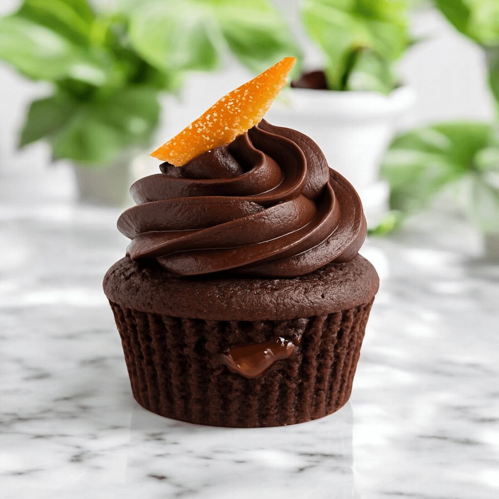A dark chocolate and seville orange cacoa marmalade cups with candied orange rind on top on a marble counter