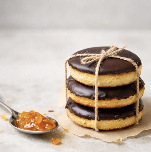 Stack of mandarin marmalade Jaffa cakes with glossy chocolate tops