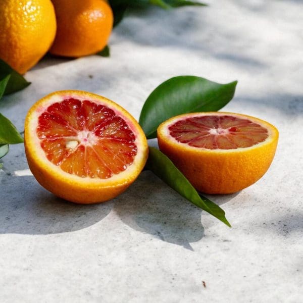 Blood oranges cutting in half on a sunny countertop