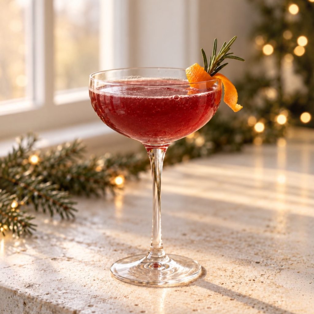 Christmas Plum Royale cocktail with orange peel and rosemary, beside warm Christmas lights.